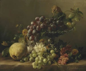 A Quince, Dandelions, Daisies, Dahlias, and a Plateau with Grapes, All on a Ledge